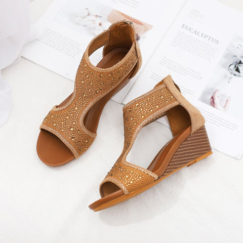 Wedge Sandals  PU Leather Mid Heel Wedges Shoes Hollow Out