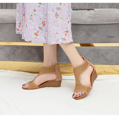 Wedge Sandals  PU Leather Mid Heel Wedges Shoes Hollow Out