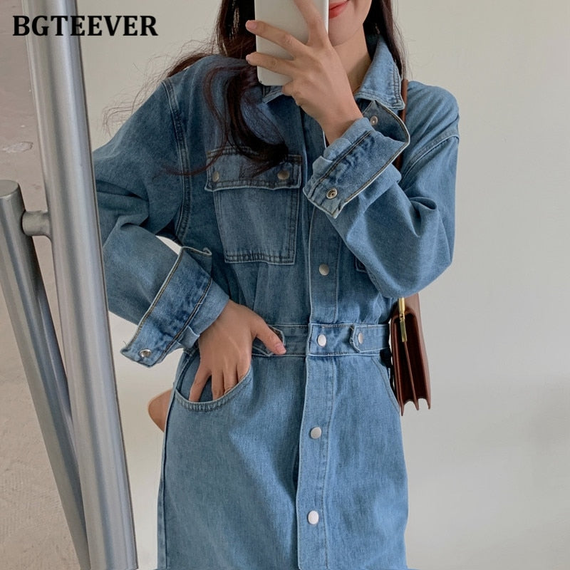 Vintage Single-breasted Denim Dress Pockets Slim Waist