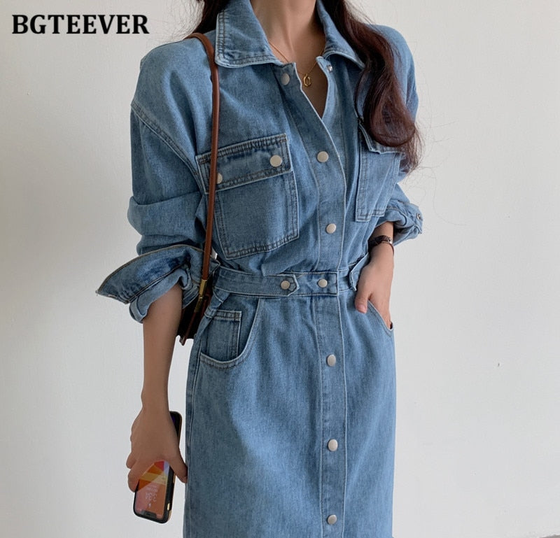 Vintage Single-breasted Denim Dress Pockets Slim Waist