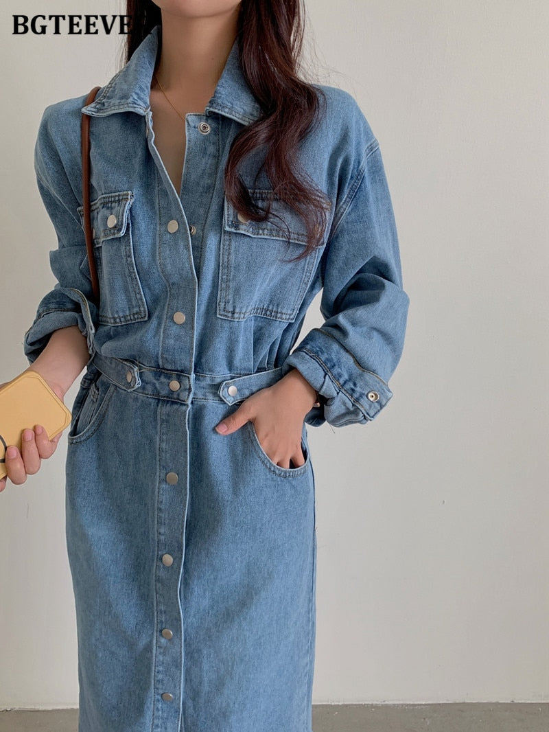 Vintage Single-breasted Denim Dress Pockets Slim Waist