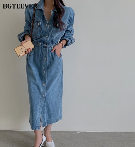 Vintage Single-breasted Denim Dress Pockets Slim Waist