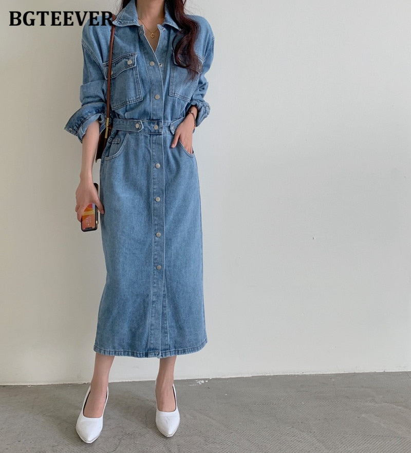 Vintage Single-breasted Denim Dress Pockets Slim Waist