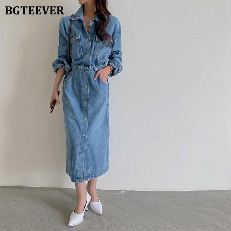 Vintage Single-breasted Denim Dress Pockets Slim Waist