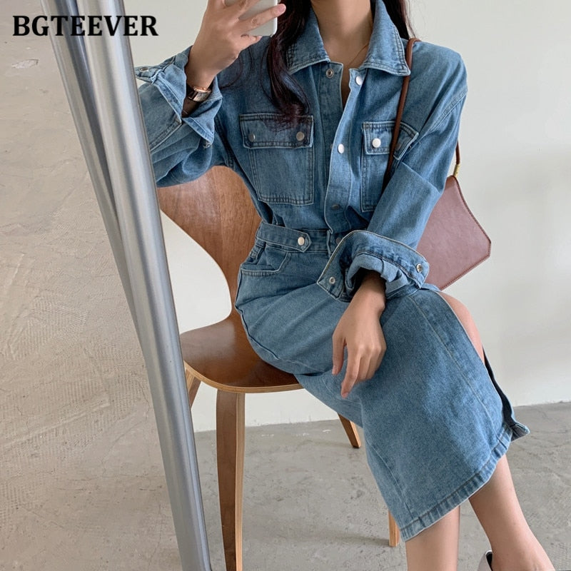 Vintage Single-breasted Denim Dress Pockets Slim Waist