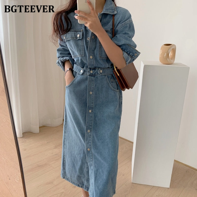 Vintage Single-breasted Denim Dress Pockets Slim Waist