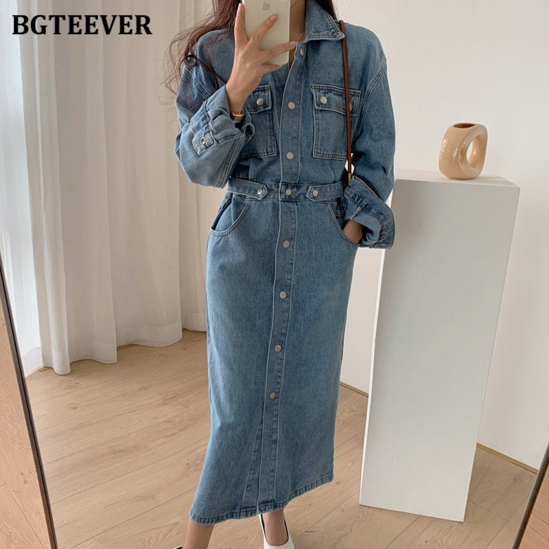 Vintage Single-breasted Denim Dress Pockets Slim Waist