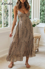 Lace Up Summer Clothing Sleeveless Leopard Maxi Boho Beach Dress