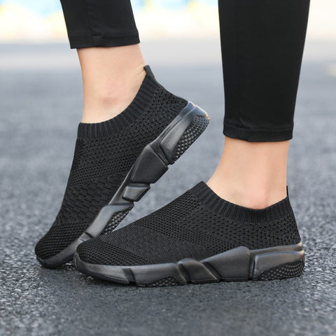 Women Flat Slip on Black Shoes Woman Lightweight Walking Sock Sneakers