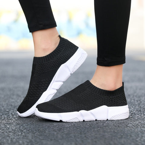 Women Flat Slip on Black Shoes Woman Lightweight Walking Sock Sneakers