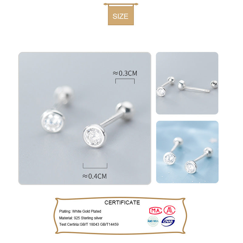 Round CZ Screw Beads Stud Earrings  Minimalist Jewelry