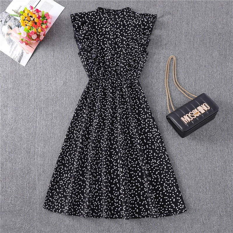 Polka Dot Chiffon Dress Short Sleeve Party Sweet Slim A-Line Casual