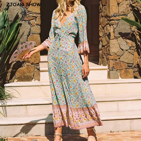 BOHO V neck Single-breast Buttons Floral Print Shirt Dress