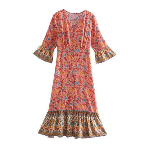 BOHO V neck Single-breast Buttons Floral Print Shirt Dress