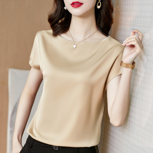 Office Lady Tops Short Sleeve Blouses Satin Blouse