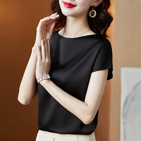 Office Lady Tops Short Sleeve Blouses Satin Blouse