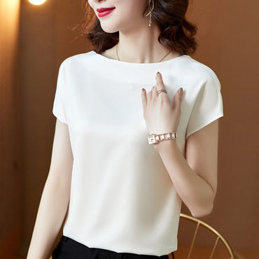 Office Lady Tops Short Sleeve Blouses Satin Blouse
