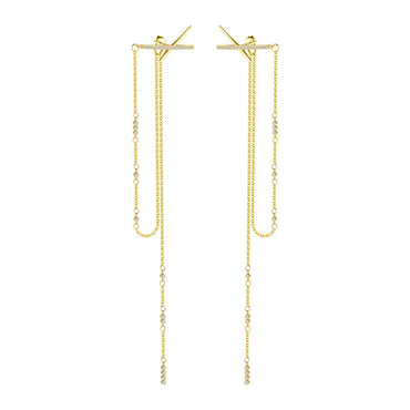 Sterling Silver Cross Tassel Long Zircon Earrings