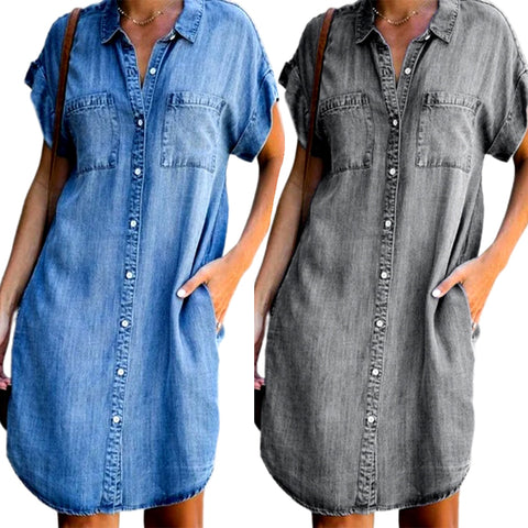 Short Sleeve Pockets  Denim Dress Loose Style vestidos