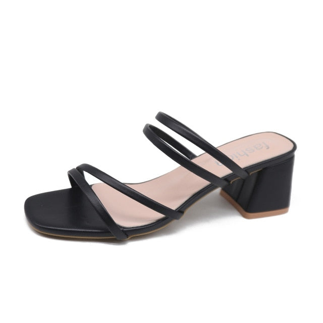 Sandals Summer Slippers Ladies High Heels Square Open Toe Slides ...