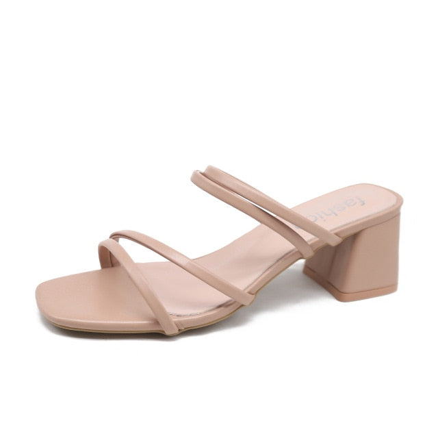Sandals Summer Slippers Ladies High Heels Square Open Toe Slides