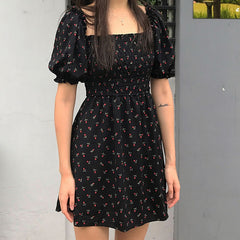 Square Collar Chiffon Floral Dress a Line Vestido Boho Black Mini Vestidos