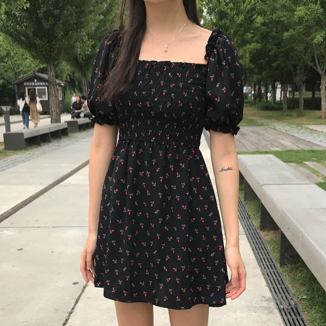 Square Collar Chiffon Floral Dress a Line Vestido Boho Black Mini Vestidos