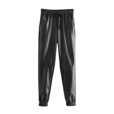 Fashion Side Pockets Faux Leather Jogging Pants Vintage High Elastic