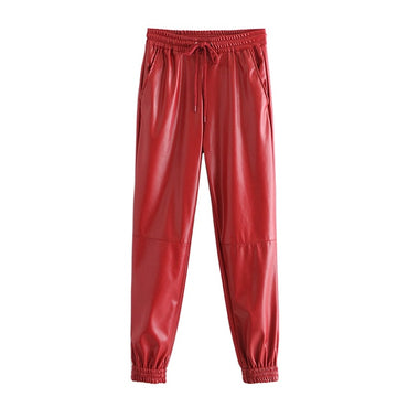 Fashion Side Pockets Faux Leather Jogging Pants Vintage High Elastic