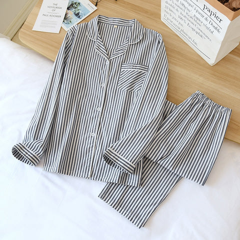 Couple Vertical Stripes Pajamas Two-piece Cotton Long-sleeved