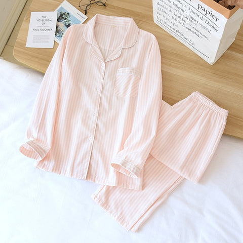 Couple Vertical Stripes Pajamas Two-piece Cotton Long-sleeved