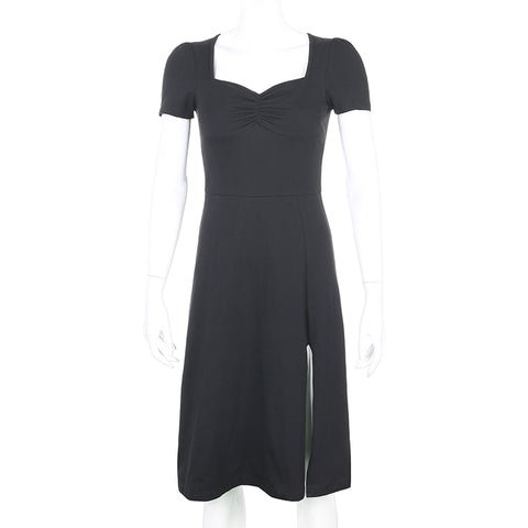 Square Neck Elegant Ruched Black Dress Side Split Short Sleeve Casual Dress