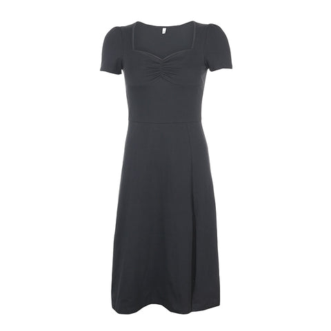 Square Neck Elegant Ruched Black Dress Side Split Short Sleeve Casual Dress