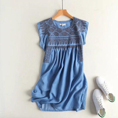 Denim Dress High Waist Pleated Sleeveless Mini Soft