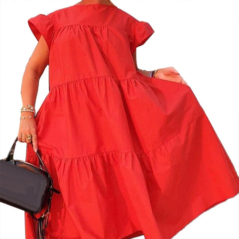 Solid Color O Neck Ruffled Short Sleeve Large Hem A Line Midi Dress vestidos