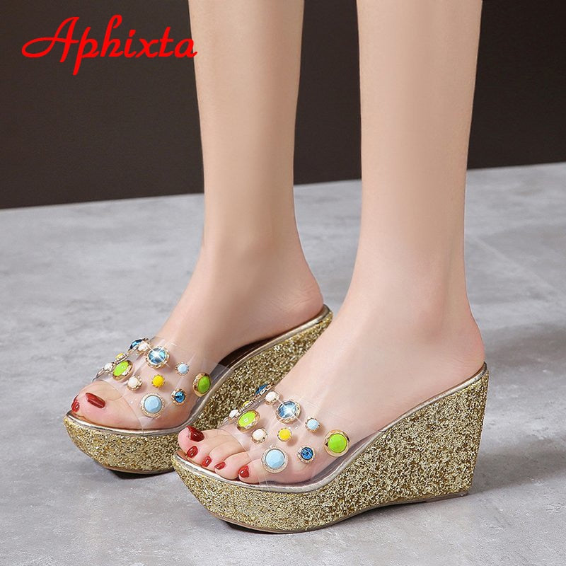 9cm Wedge Slippers Platform Heels Slides Sequined High Ladies Summer Shoes