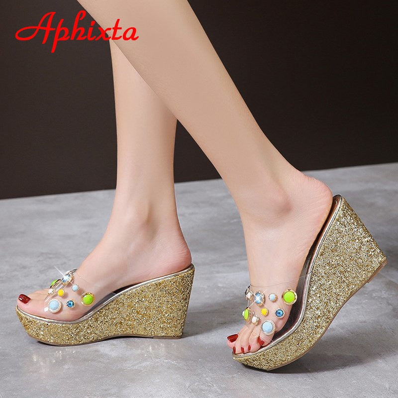 9cm Wedge Slippers Platform Heels Slides Sequined High Ladies Summer Shoes