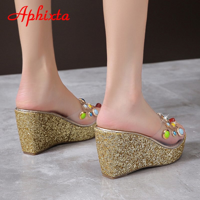 9cm Wedge Slippers Platform Heels Slides Sequined High Ladies Summer Shoes