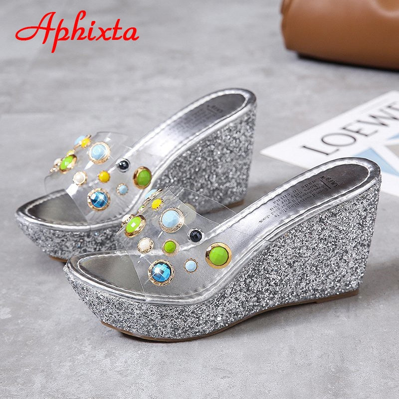 9cm Wedge Slippers Platform Heels Slides Sequined High Ladies Summer Shoes