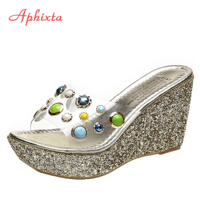 9cm Wedge Slippers Platform Heels Slides Sequined High Ladies Summer Shoes