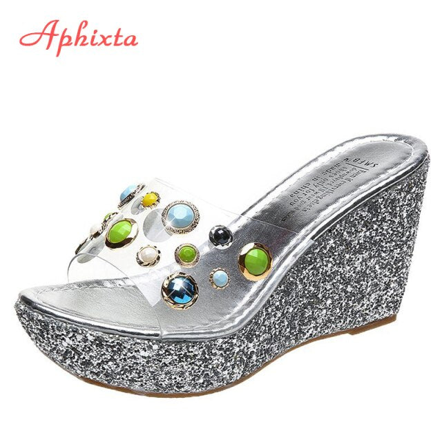 9cm Wedge Slippers Platform Heels Slides Sequined High Ladies Summer Shoes