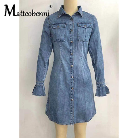 Solid Turn-down Collar Denim Vintage Mini Dress
