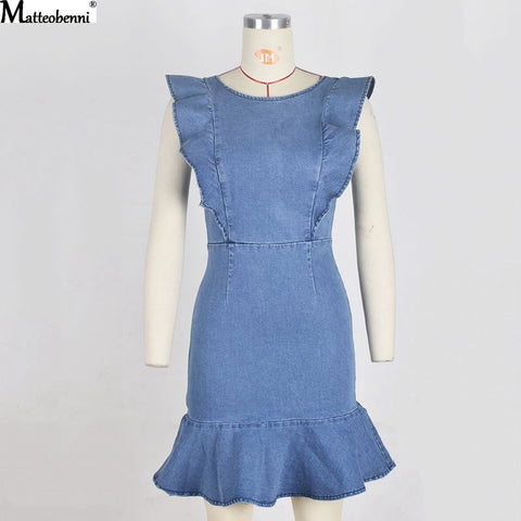 Ruffle Dress High Waist Denim Dress Short-Sleeve Zipper