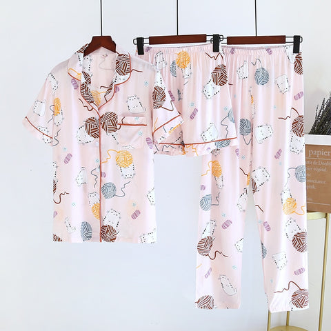 Viscose Pajamas Three-piece Short Sleeve + Shorts + Trousers