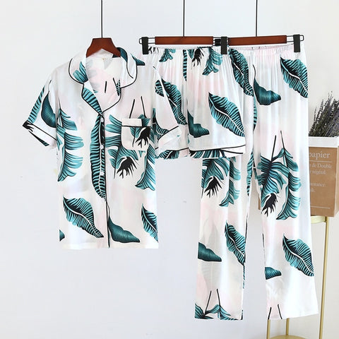 Viscose Pajamas Three-piece Short Sleeve + Shorts + Trousers