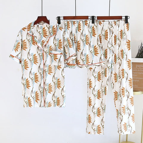 Viscose Pajamas Three-piece Short Sleeve + Shorts + Trousers