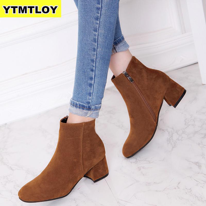 Ankle Boots For Women Thick Heel Slip On Ladies Shoes