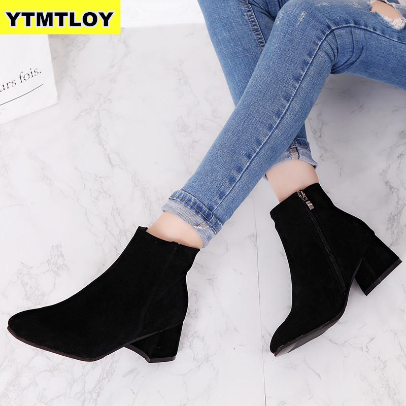 Ankle Boots For Women Thick Heel Slip On Ladies Shoes