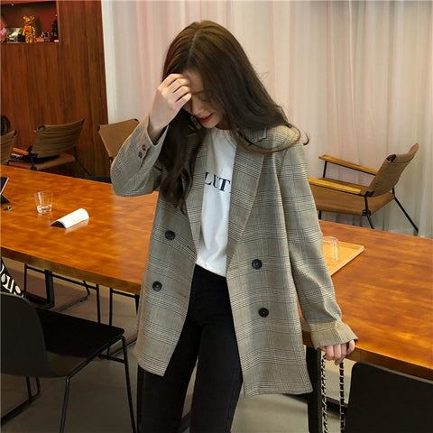 Office Ladies Notched Collar Plaid Women Blazer Casual