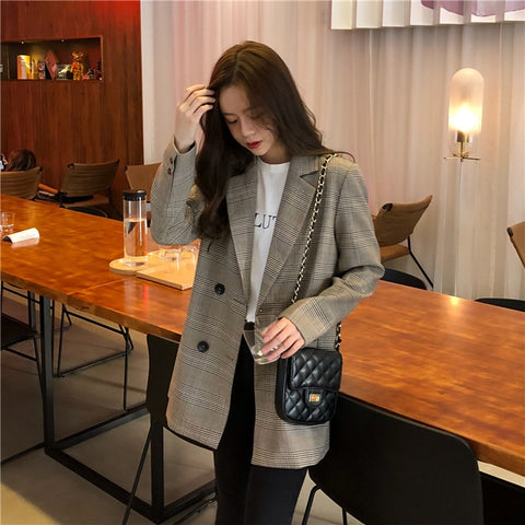Office Ladies Notched Collar Plaid Women Blazer Casual